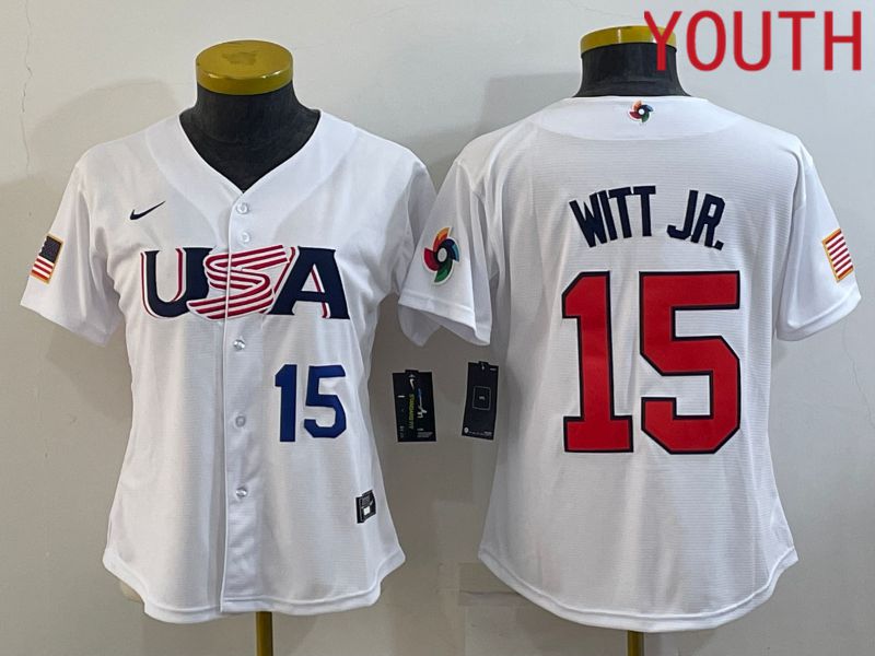 Youth 2023 World Cub USA #15 Witt jr White MLB Jersey2
